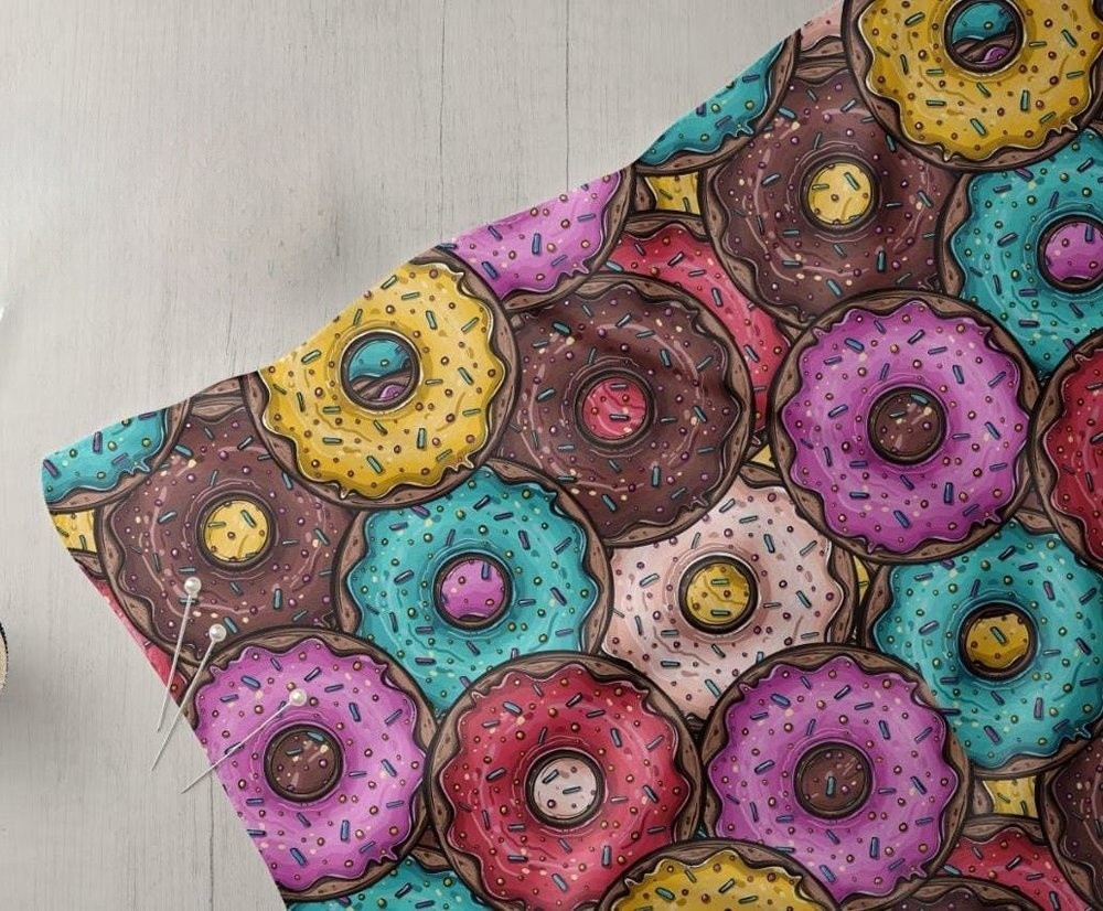 Novelty fabric with donuts print, for skirts and dresses, bows, handmade children's clothing, handmade crafts & bandanas.