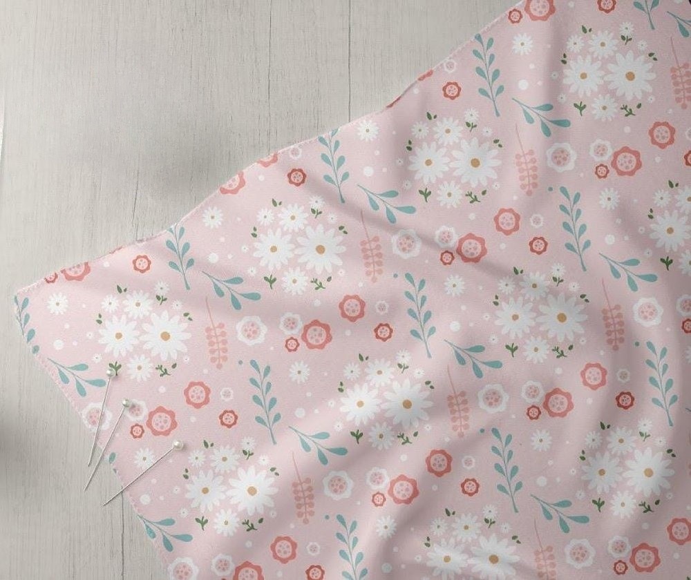 Pastel Daisies & Leaves Print Fabric, for sewing children's clothing, dresses, skirts, dog & cat bandanas and bows & crafts.