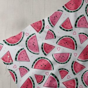 Printed fabric with Watermelons & hearts prints, for children's clothing, quilting, summer sewing, crafts and dresses.