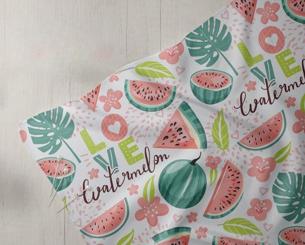 Printed fabric with Watermelons, flowers and love prints, for children's clothing, quilting, sewing, crafts and dresses.