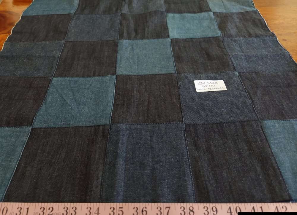 Denim patchwork fabric - patchwork fabric made by sewing together several denim fabrics, into one fabric, for vintage clothing.