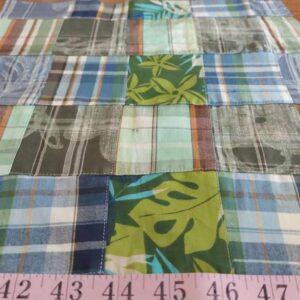 Patchwork Madras plaid & leaf print fabric for shirts, preppy bowties & ties, dog bandanas, bows & fun children's clothing.
