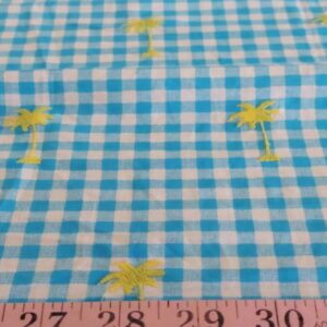 Gingham fabric with embroidered Palm trees, for menswear, classic children's clothing, resort clothing & dog bandanas.