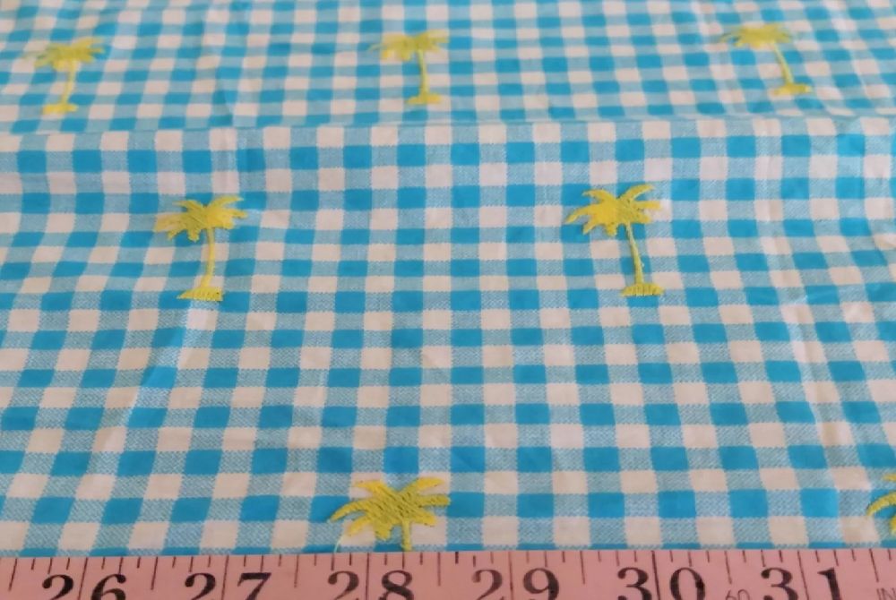 Gingham fabric with embroidered Palm trees, for menswear, classic children's clothing, resort clothing & dog bandanas.