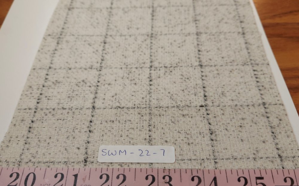 Wool fabric in windowpane check pattern, for Fall & winter clothing like shirts, skirts, dresses, coats, hats, caps and bowties.