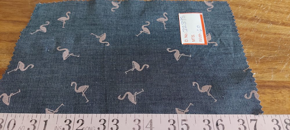 Denim fabric, with pink flamingos printed - flamingo print for sewing children's clothing, pet clothing, dog bandanas & bowties.