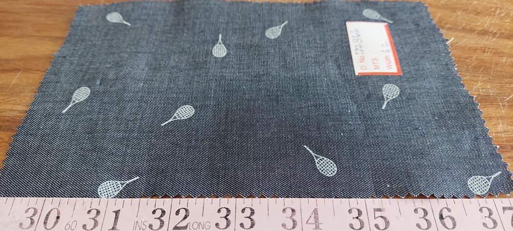 Denim fabric, with tennis rackets printed - tennis print for sewing children's clothing, pet clothing, dog bandanas & bowties.