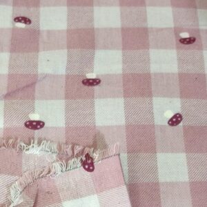 Flannel feel Gingham Check Twill Fabric with printed mushrooms, perfect for sewing children's clothing, retro dresses & skirts.
