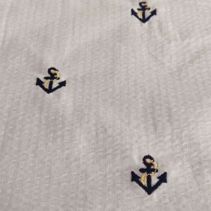 Nautical Theme - Embroidered Anchors On Seersucker Fabric, for sewing children's clothing, dog bandanas, bowties & shorts.