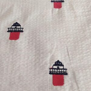 Nautical Theme - Embroidered Lighthouses On Seersucker Fabric, for sewing children's clothing, dog bandanas, bowties & shorts.