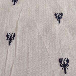 Nautical Theme - Embroidered lobsters On Seersucker Fabric, for sewing children's clothing, dog bandanas, bowties & shorts.