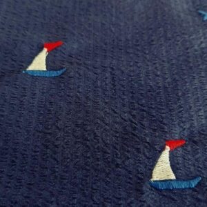 Nautical Theme - Embroidered Sailboats On Seersucker Fabric, for sewing children's clothing, dog bandanas, bowties & shorts.