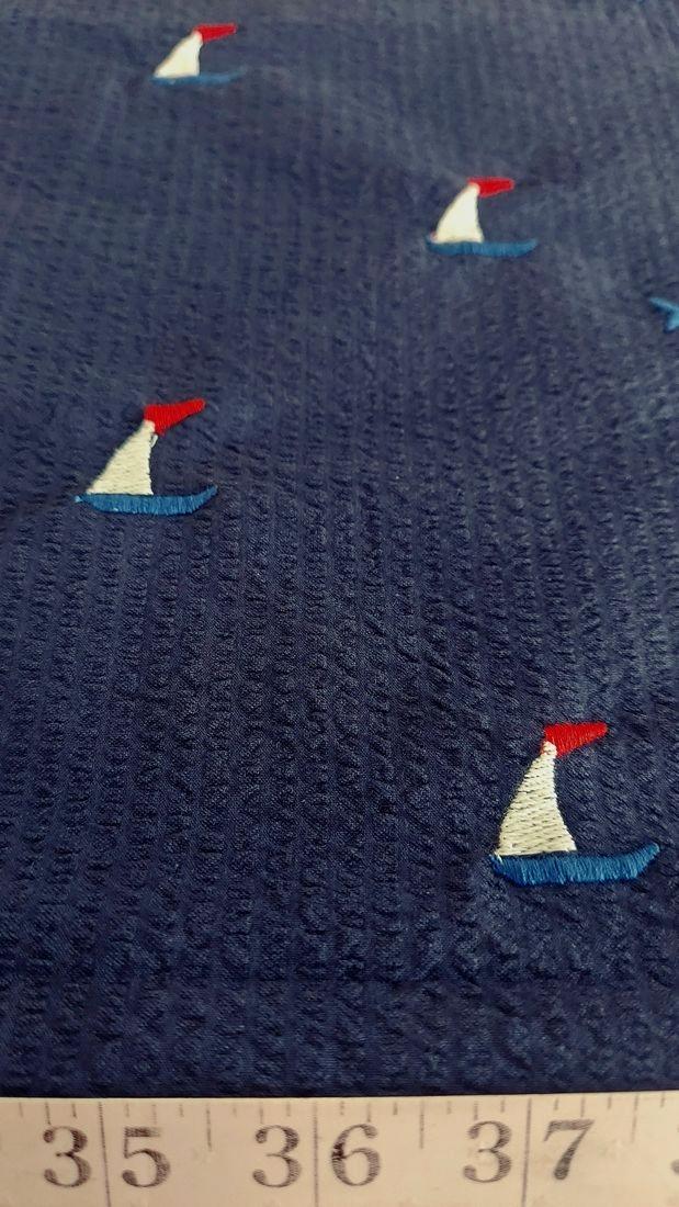 Nautical Theme - Embroidered Sailboats On Seersucker Fabric, for sewing children's clothing, dog bandanas, bowties & shorts.
