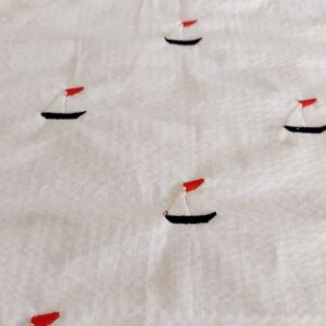 Nautical Theme - Embroidered sailboats On Seersucker Fabric, for sewing children's clothing, dog bandanas, bowties & shorts.
