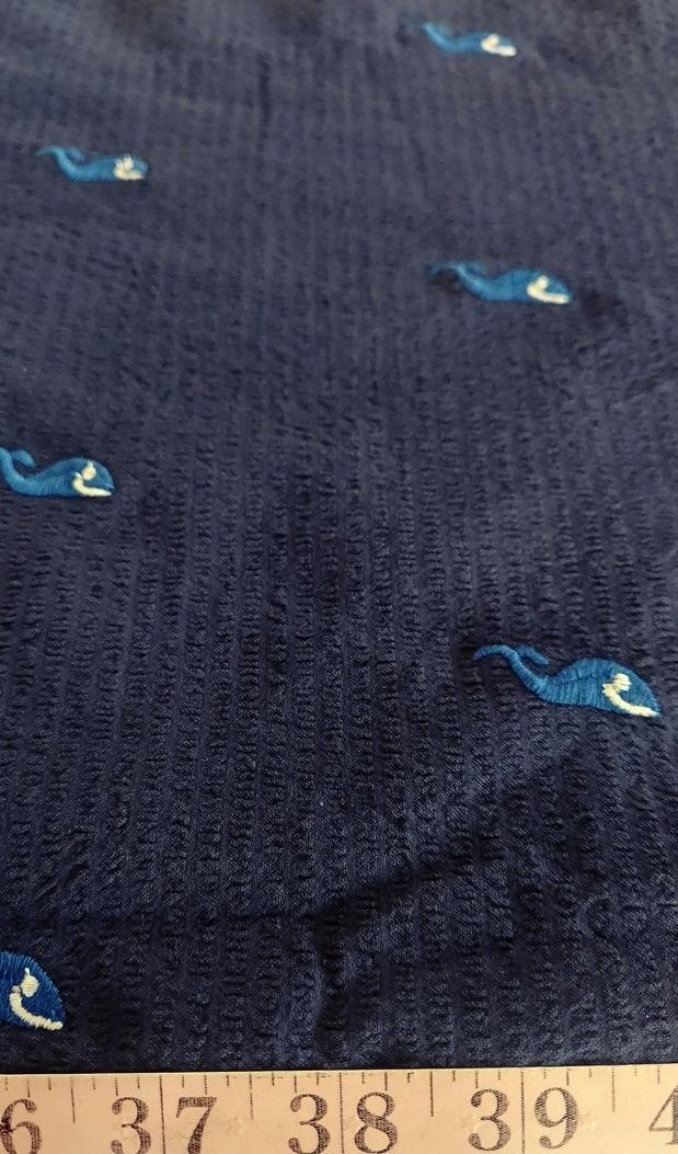 Nautical Theme - Embroidered Whales On Seersucker Fabric, for sewing children's clothing, dog bandanas, bowties & shorts.