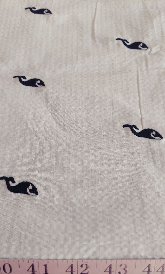 Nautical Theme - Embroidered Whales On Seersucker Fabric, for sewing children's clothing, dog bandanas, bowties & shorts.