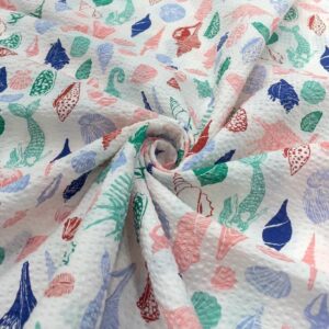 Mermaids Print & Sea shells Seersucker Fabric for children's clothing, bowties, vintage sewing, retro skirts & dresses & dog bandanas.