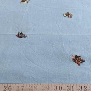 Embroidered dogs on Chambray fabric, for sewing children's clothing, dog bandanas, bowties & coats & pants & skirts and dresses.