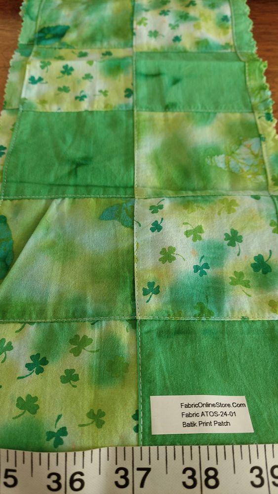 Patchwork fabric with solid patches, batik prints & leaves print, for children's clothing, skirts, dresses, bows & dog bandanas.