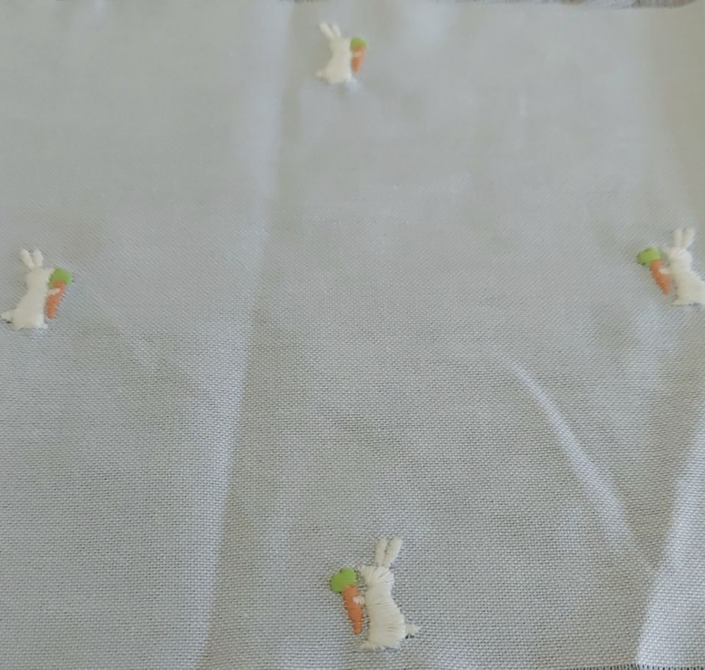 Rabbits or Bunnies & Carrots embroidered on chambray fabric, for easter dresses, easter quilting, easter kids clothing.
