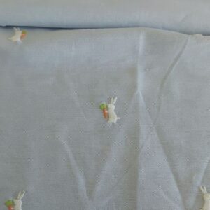 Rabbits or Bunnies & Carrots embroidered on chambray fabric, for easter dresses, easter quilting, easter kids clothing.
