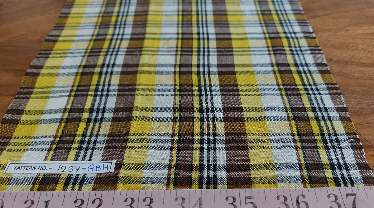 Handwoven Yellow Brown Madras Plaid Fabric for slow sewing, retro skirts & dresses, men's shirts, children's clothing & decor.