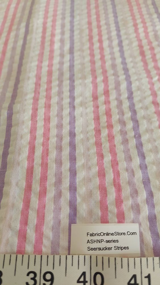Pink Seersucker Striped Fabric for shirts, children's clothing, bowties, vintage sewing, retro skirts, costumes & dresses.