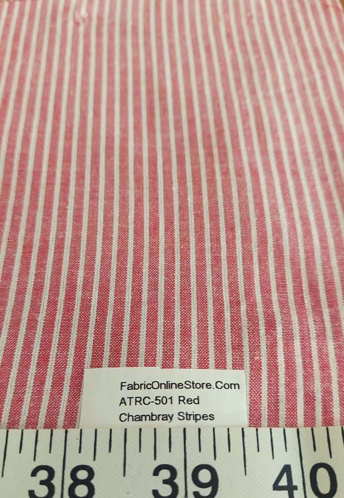 Red Striped Chambray fabric for sewing vintage skirts, retro shirts, coats, ties, bowties, dog bandanas and children's clothing.