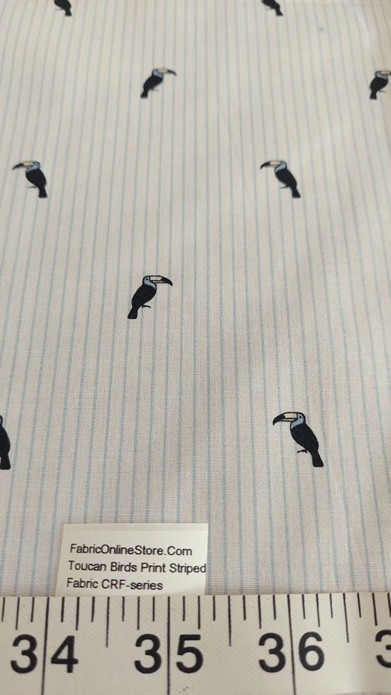 Toucan birds Prints on Striped fabric for skirts, shirts, coats, ties, bowties, dog bandanas & handmade children's clothing.