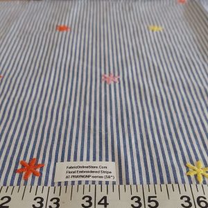 Embroidered flowers on Chambray striped fabric, for sewing children's clothing, dog bandanas, costumes, skirts and dresses.