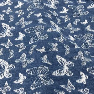 Butterflies print fabric denim fabric for dresses, skirts, bowties, children's clothing, costumes & sewing dog bandanas.