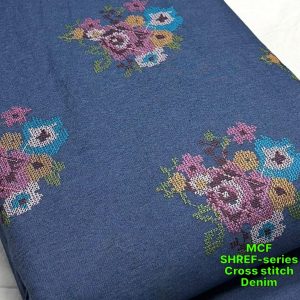 Cross Stitch Floral Denim Fabric For Dresses, Tops & Couture