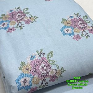 Cross Stitch Floral Denim Fabric For Dresses, Tops & Couture