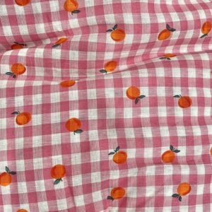 Oranges Print On Gingham Fabric For Shirts, Costumes, Dresses, Children's Clothing & Decor.