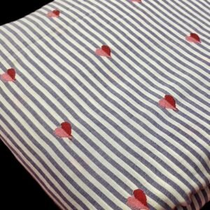 Embroidered Hearts On Striped Fabric For Women's Shirts, Coats, Dresses, Beach Wear, Skirts & Decor.
