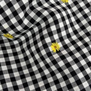 Daisies Embroidered On Black Gingham Fabric For Blouses, Dresses, Beach Wear, Skirts & Decor.