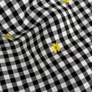 Daisies Embroidered On Black Gingham Fabric For Blouses, Dresses, Beach Wear, Skirts & Decor.